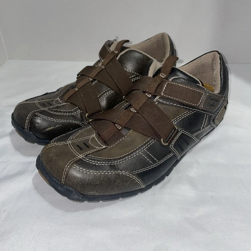 American Eagle Mens Brown Faux Leather Loafers Hook Loop Strap Shoes Size 10